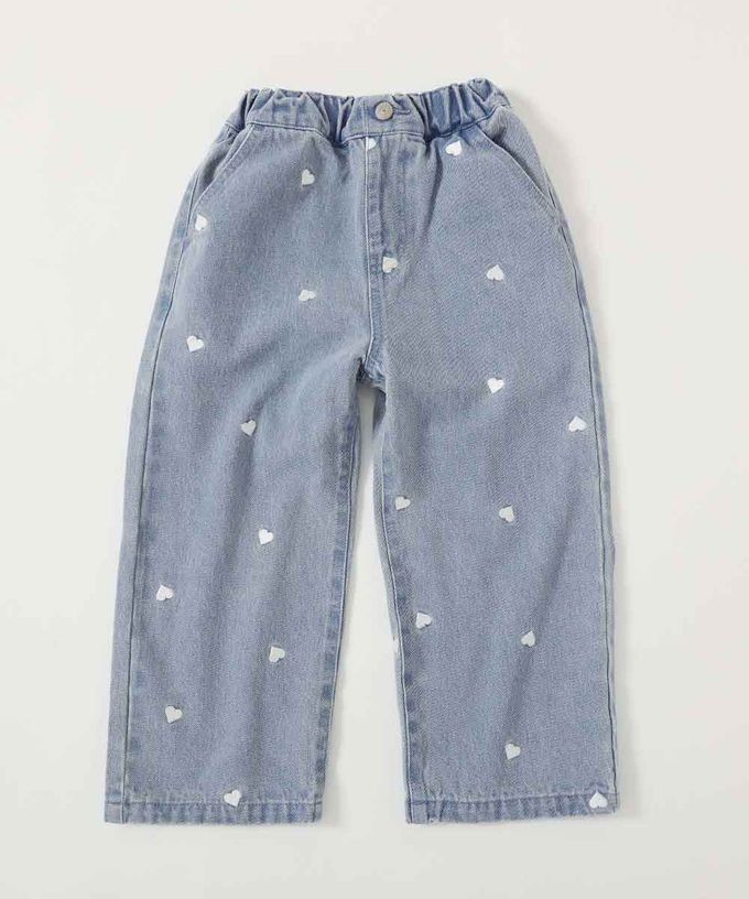 日本 devirock - 甜美亮麗刺繡刷色丹寧寬褲-愛心-淺藍