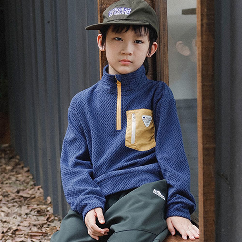 水波紋搖粒絨半開襟長袖上衣-藍色