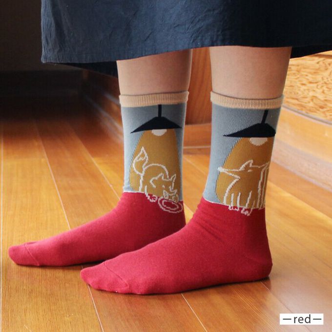 日本女裝代購 - 日本製 伊索寓言印花長襪-狐狸和鶴-洋紅 (23-25cm)