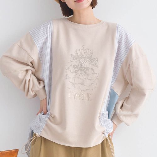 貓主子印花拼接風休閒上衣-修身側抽繩-杏