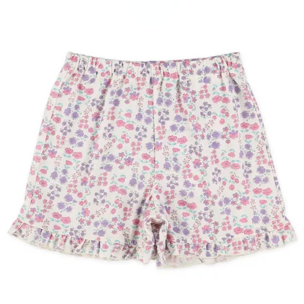 可愛荷葉邊碎花短褲-粉紅