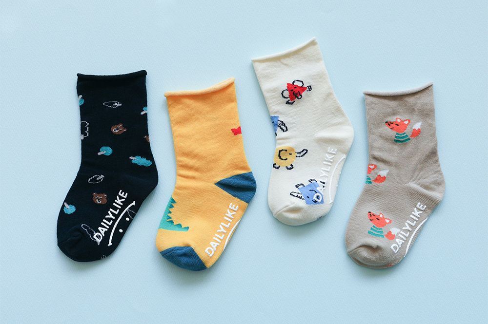 韓國 Daily Like - 兒童襪子/中筒襪4入組-捲邊款01