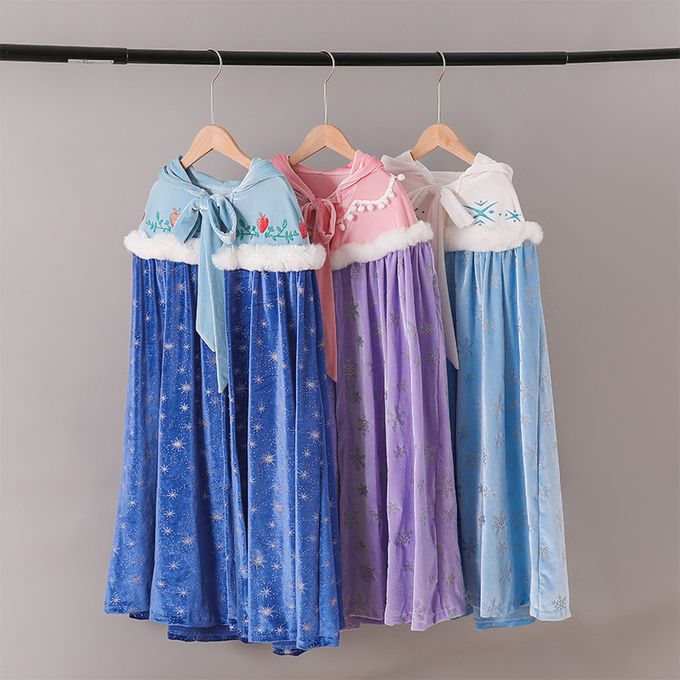 冰雪女王保暖印花斗篷-淺藍色毛領