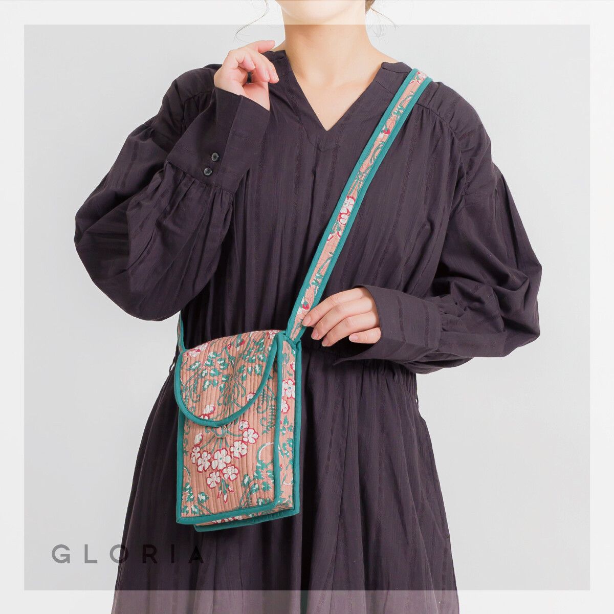 日本代購 - 100%印度棉手染印花手機包-煙燻粉 (15x20x3cm)