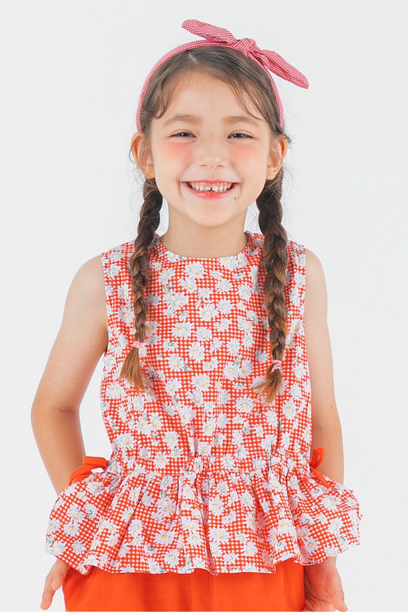 韓國 OZKIZ - 紅格子小白花無袖套裝