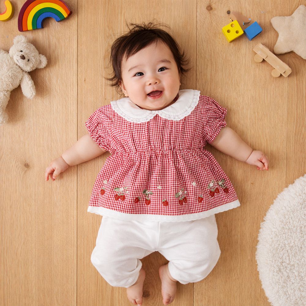 短袖格紋上衣-紅色