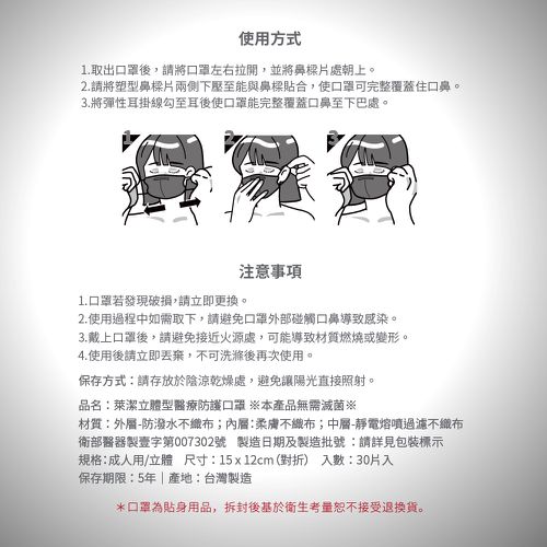 3D立體型醫療防護口罩（成人用）牛仔隕石黑 30入盒裝