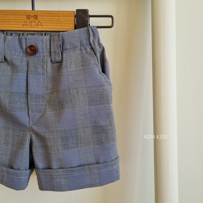 韓國 AIDA - 鬆緊腰紳士格紋反摺短褲-灰紫