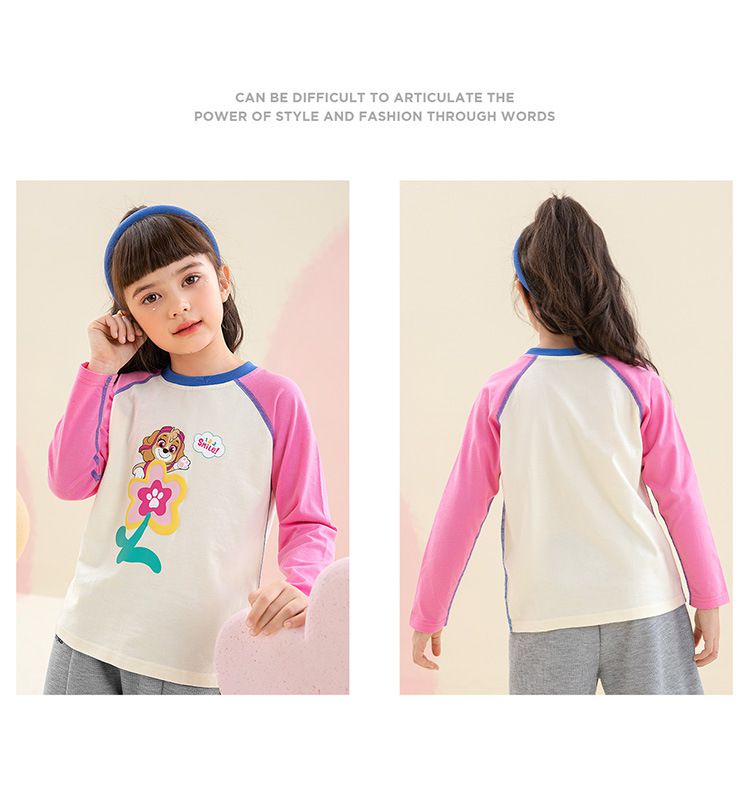 卡通汪汪隊棉質拼色圓領長袖上衣-卡通人物小礫-黃+白