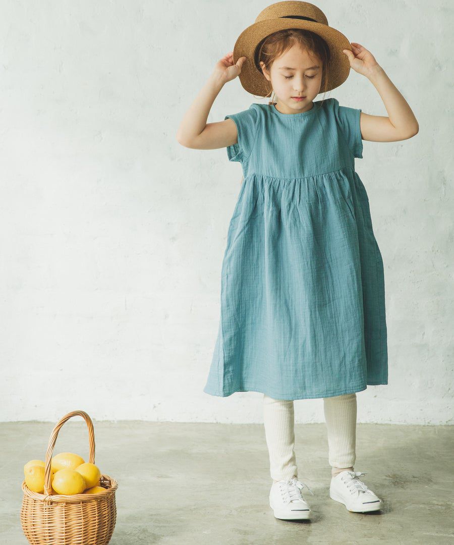 日本 PAIRMANON - 純棉微皺感短袖素色洋裝(孩子)-紅