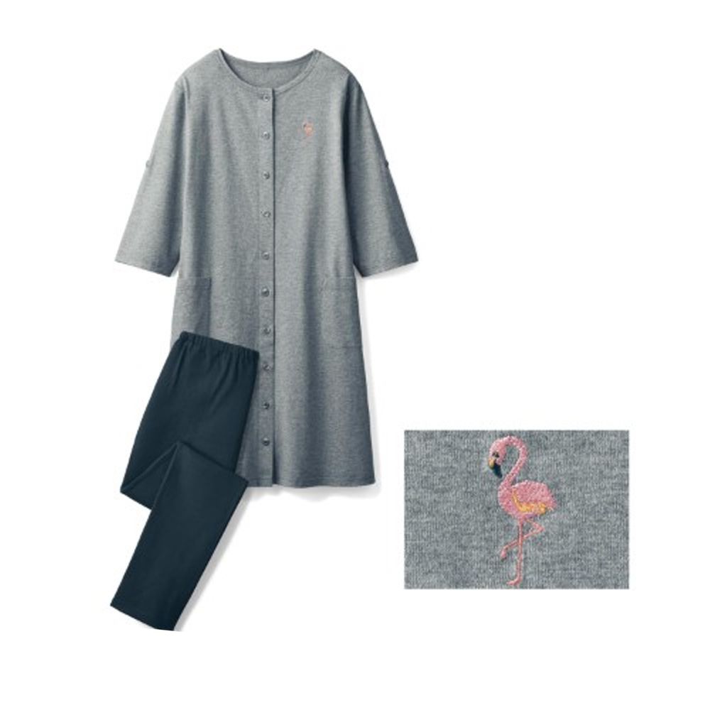 日本千趣會 - 純棉舒適七分袖孕婦/哺乳睡衣-深灰X紅鶴刺繡