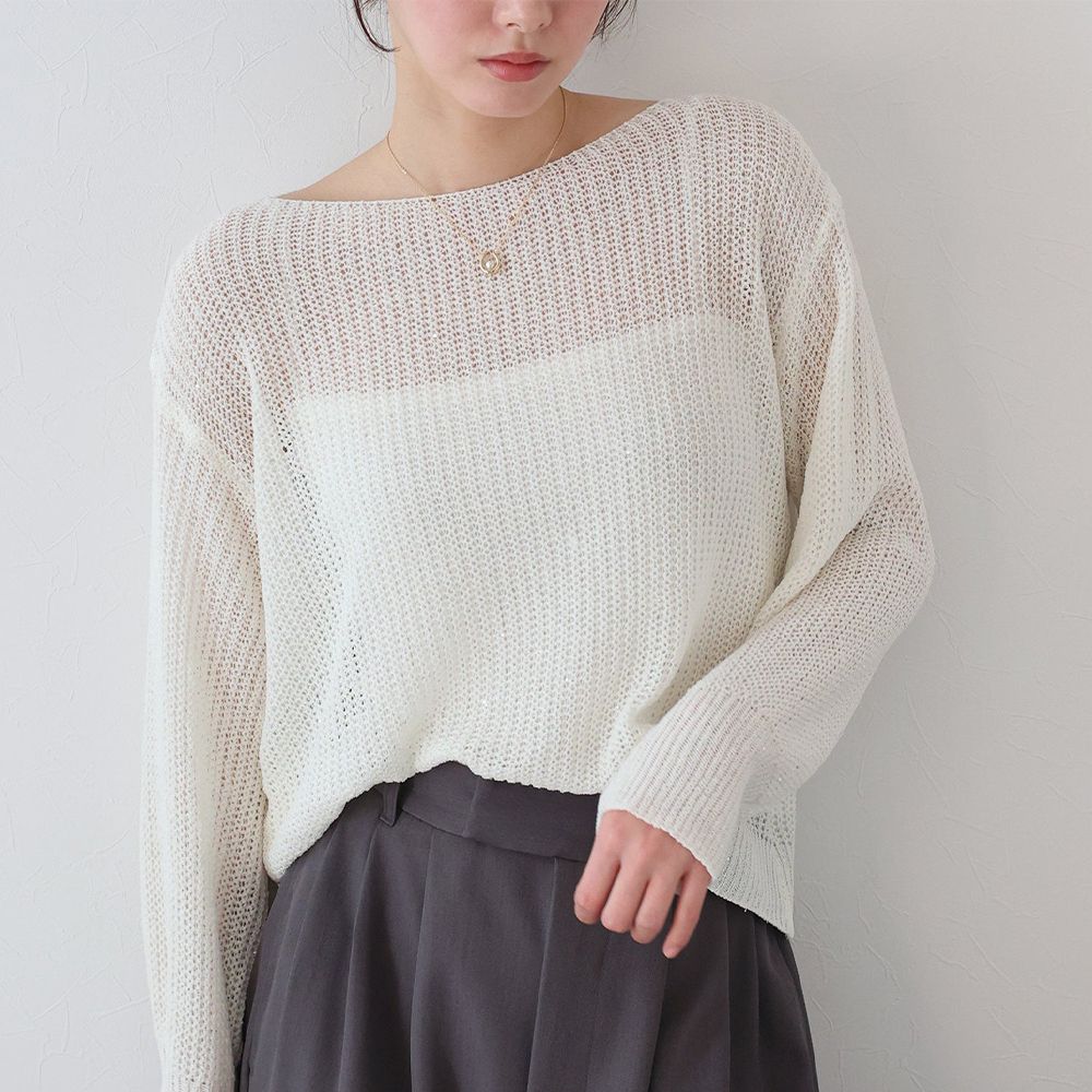 典雅船領閃爍亮片網眼針織上衣-白
