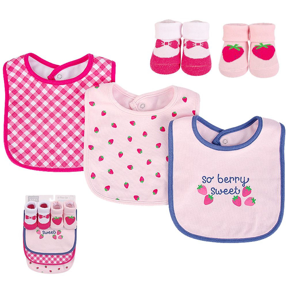 美國 luvable friends - 甜蜜寶貝嬰幼兒吸水口水巾圍兜與短襪組-草莓甜心