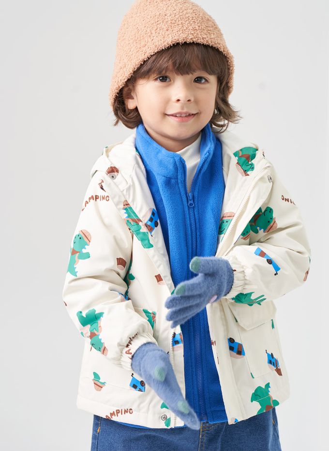 韓國 OZKIZ - (兩件式)防潑水搖粒絨連帽外套-郊遊恐龍-米白X藍