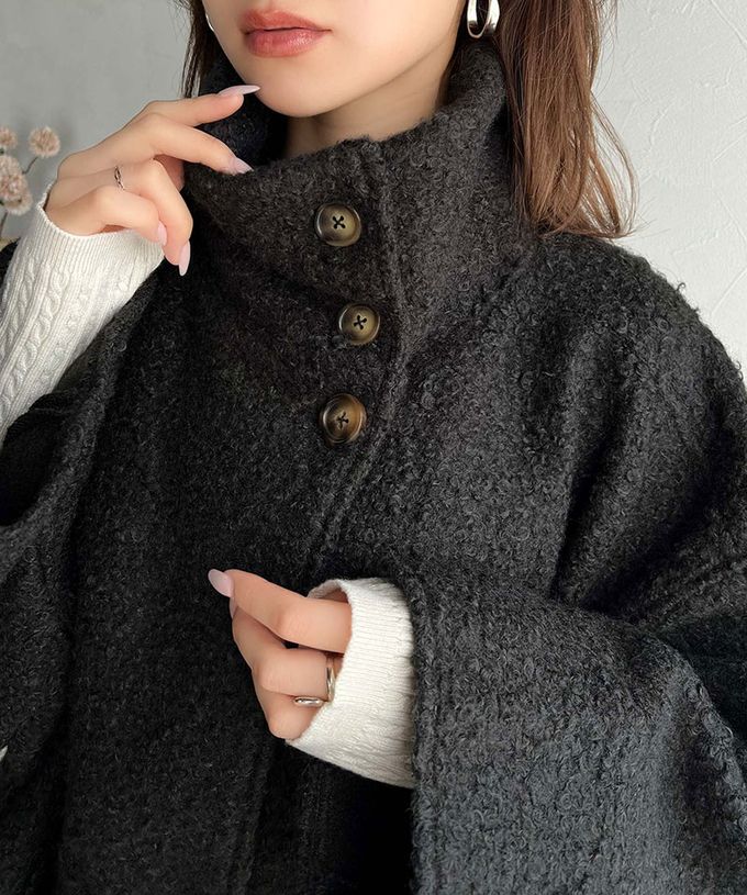 日本 Classical Elf - 玳帽扣時尚立領廓形毛絨大衣-炭灰