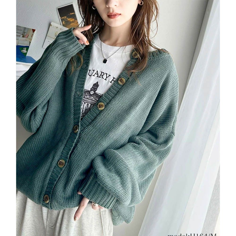 雙面穿寬鬆針織鈕釦開襟衫-煙燻綠