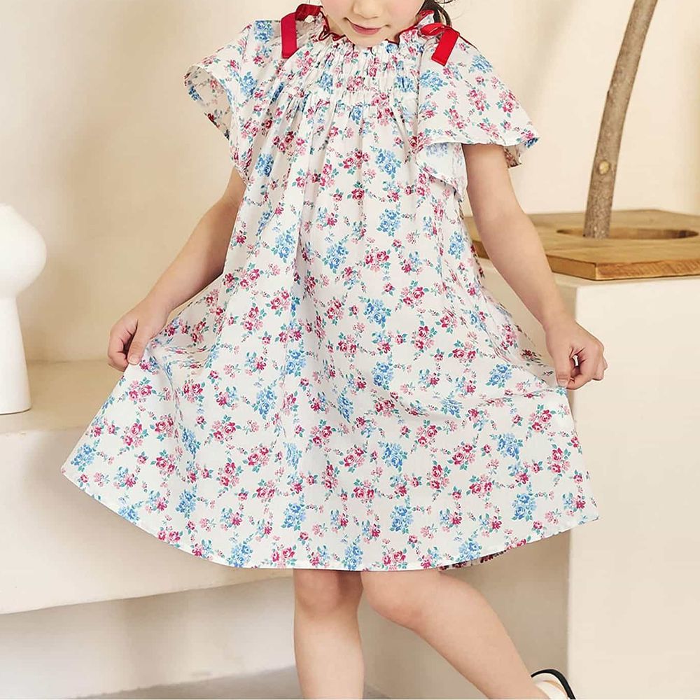 夏日蝴蝶結澎澎短袖洋裝-小花-白