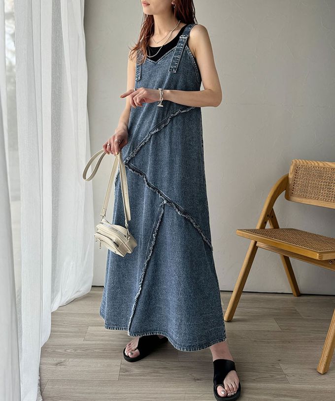 日本 Classical Elf - 華麗線條流蘇V領牛仔背心裙-藍