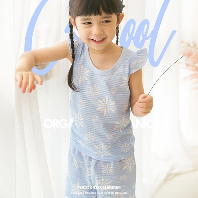 正韓 Puco - 超優質嬰幼兒/兒童無袖100% 有機棉家居服/睡衣-粉藍冰晶