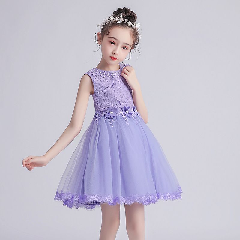 蕾絲網紗無袖澎澎紗裙-腰間小花-粉色