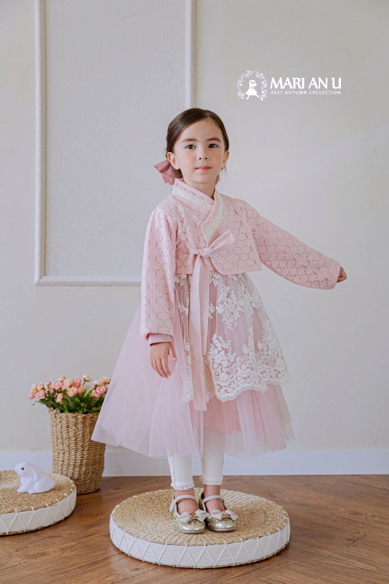 韓國 Mari an u - 透膚蕾絲裝飾網紗韓服-粉紅