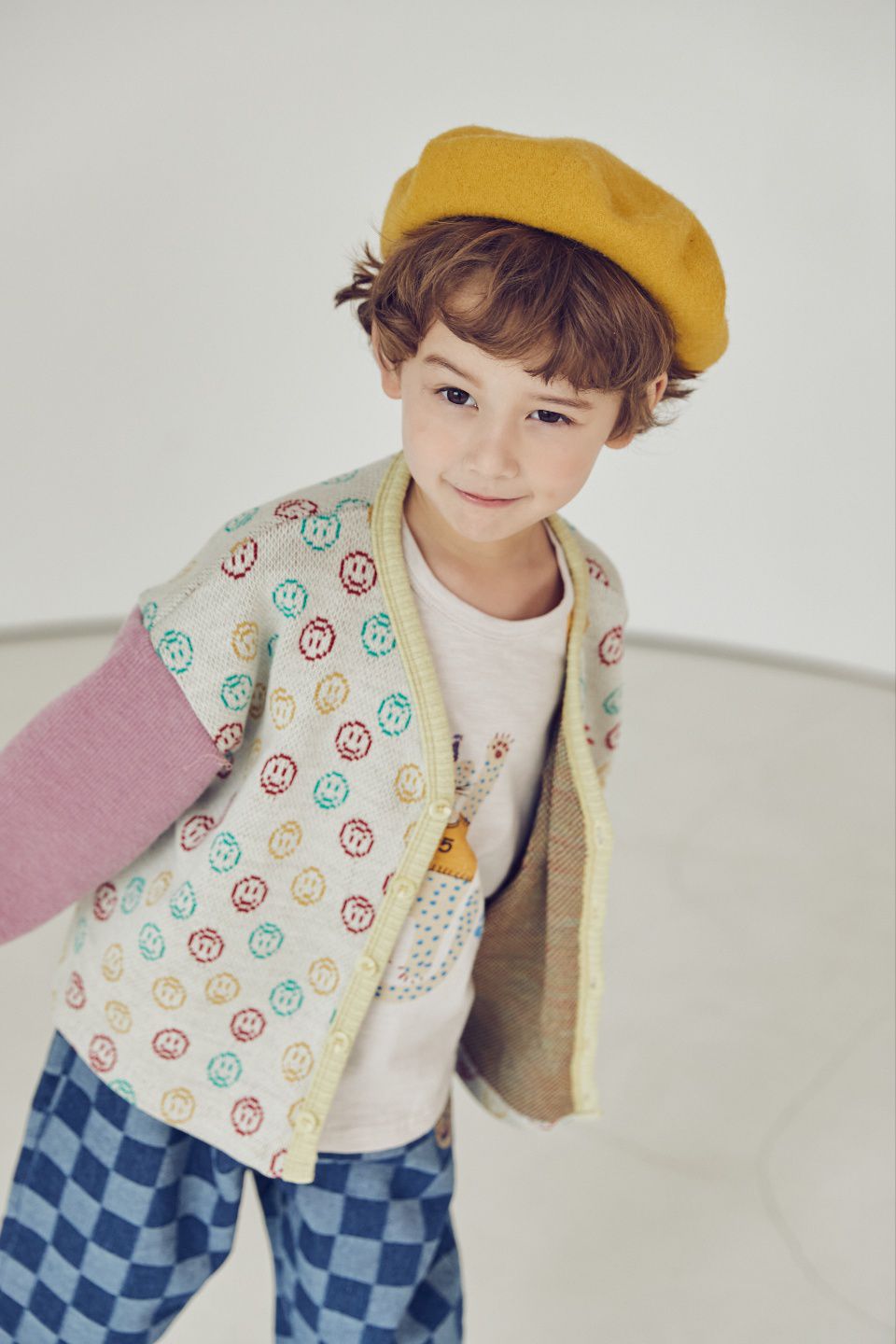 韓國 Mimico - 滿版笑臉狗狗刺繡針織外套-紫X深藍