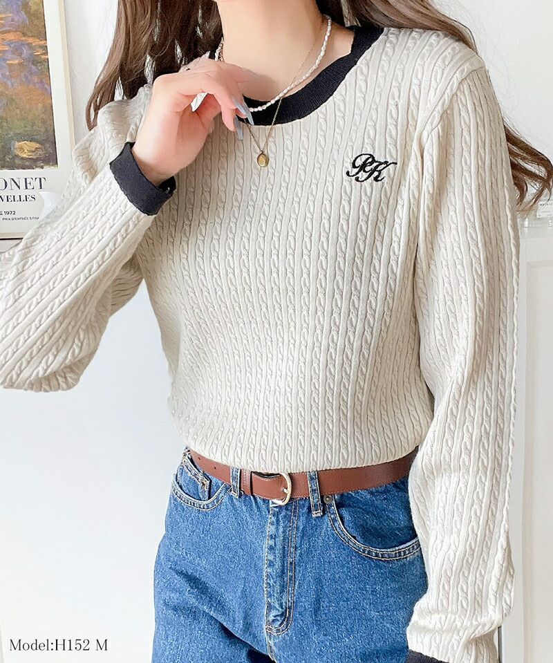 日本 Classical Elf - 學院風logo編花針織長袖上衣-米白x黑邊