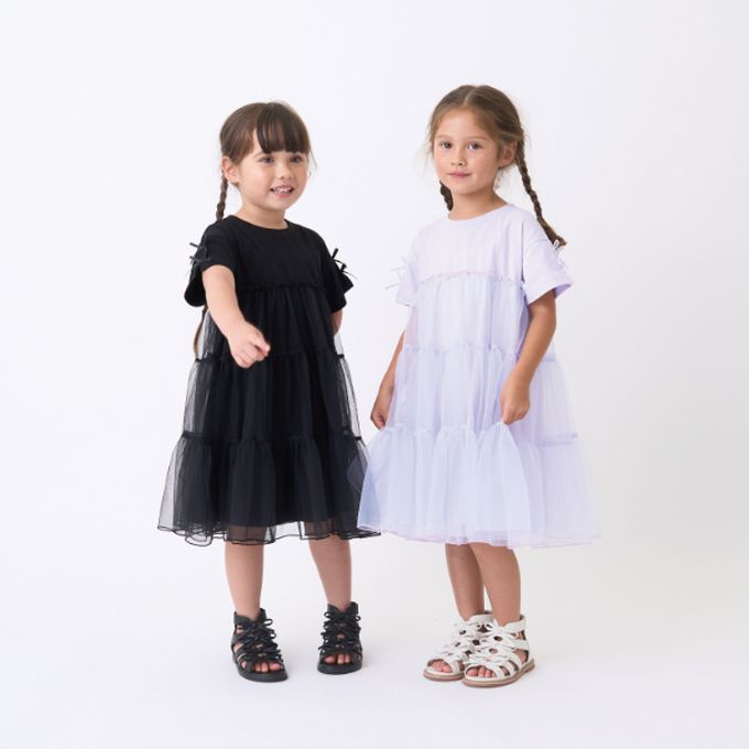 日本 Lycee mine - 接觸冷感 緞帶短袖蛋糕洋裝-白x粉紅