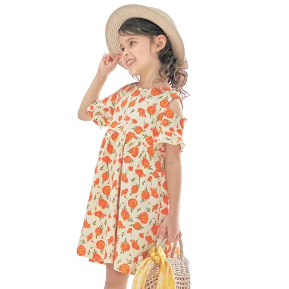 日本千趣會 - 挖肩荷葉造型短袖洋裝-橘花-米