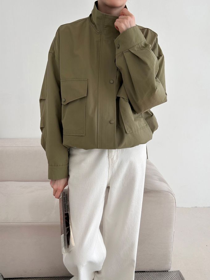 韓國女裝連線 - 秋季必備！短版風衣外套-軍綠 (FREE)