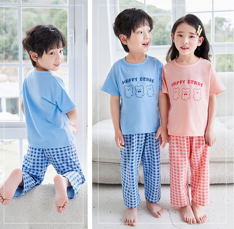 萊卡薄款短袖寬褲家居服套裝/空調服-熊熊+格子褲-奶油白