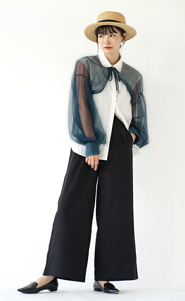 日本 zootie - 優雅透明薄紗綁帶長袖上衣-黑