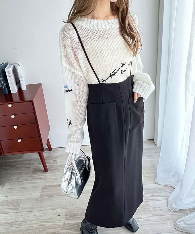 日本 Classical Elf - 前後2WAY簡約大口袋開叉吊帶裙-卡其