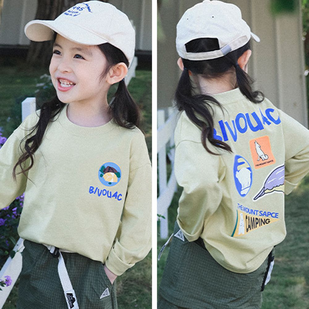 透氣快乾後印花長袖上衣-森林好友-黃綠