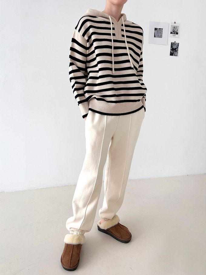 韓國女裝連線 - 經典條紋連帽長袖針織上衣-黑底 (FREE)