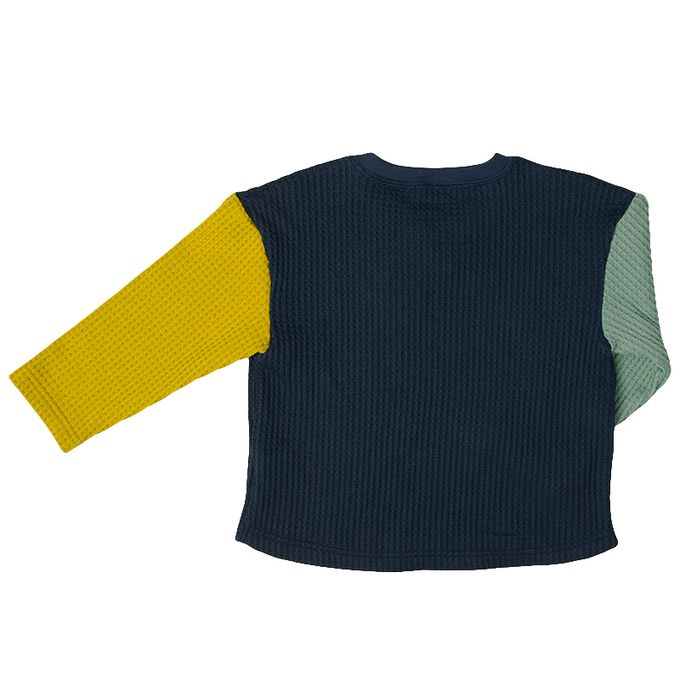 akachan honpo - 長袖裏起毛華夫格T恤-撞色袖-深藍色