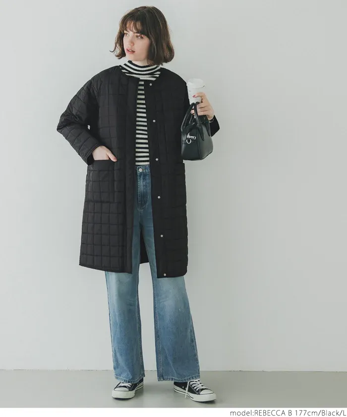日本 COCA - 格紋絎縫無領長版鋪棉外套-黑