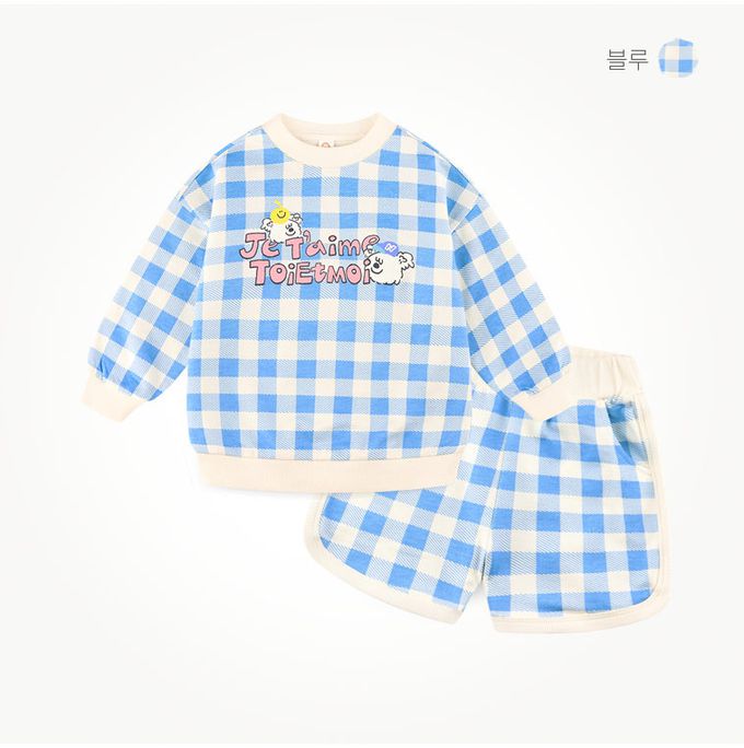 韓國 milk mile - 棋盤格紋白熊長袖短褲套裝-藍