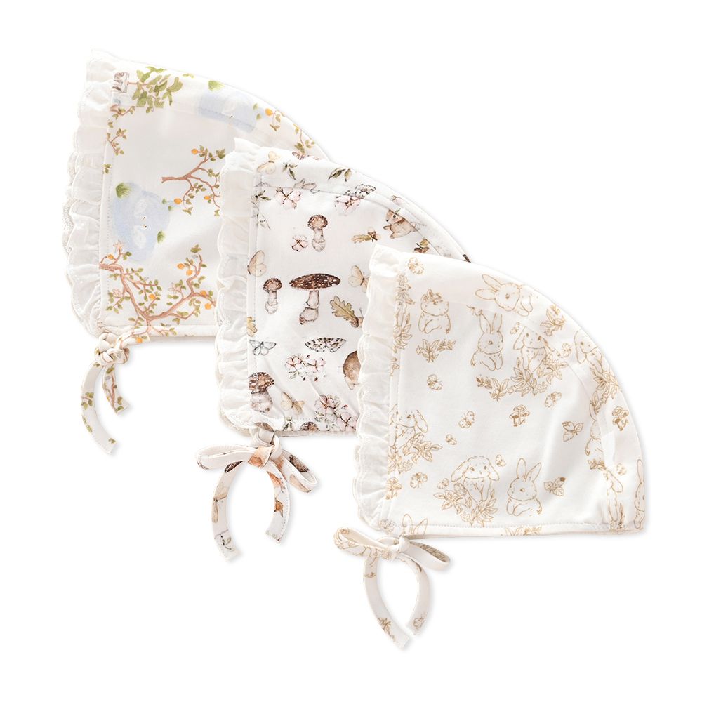 2入-新生兒蕾絲公主胎帽 綁帶嬰兒帽-森林松鼠+隨機一入 (適戴頭圍約36-48cm)