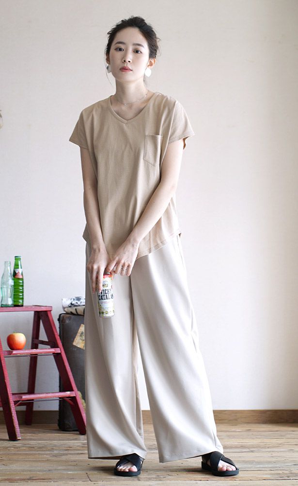 日本 zootie - 抗透汗 純棉短袖上衣-V領-灰杏