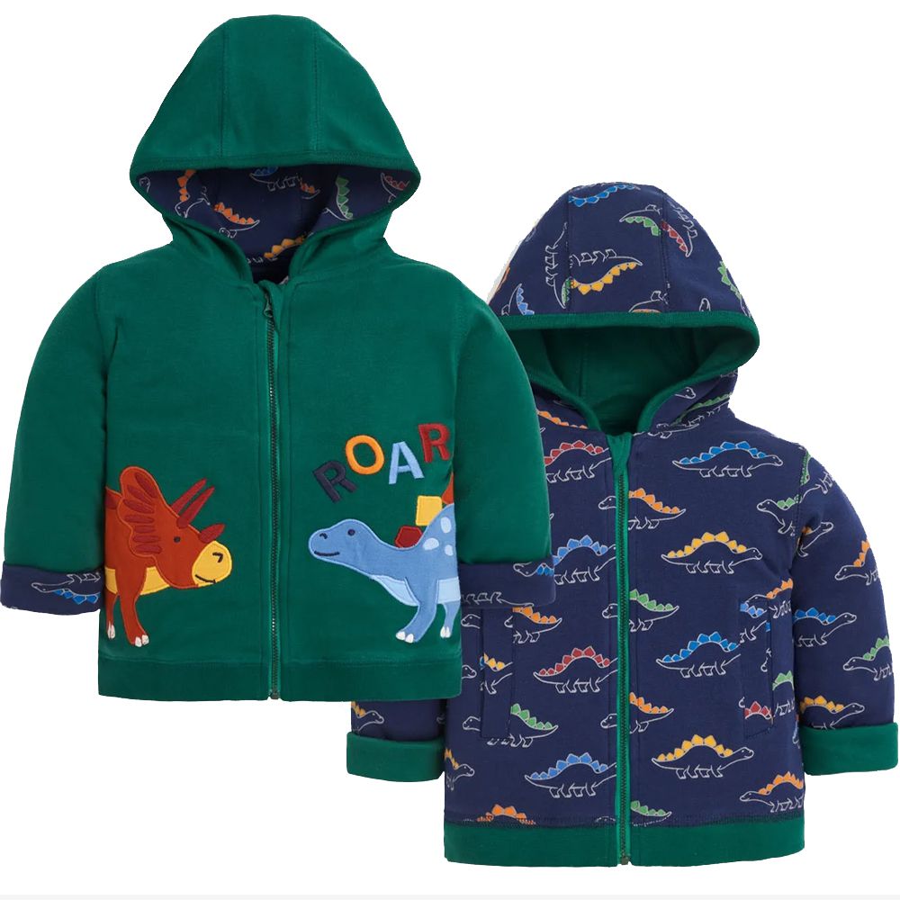 英國 JoJo Maman BeBe - 雙面穿100%純棉保暖連帽外套-淘氣恐龍