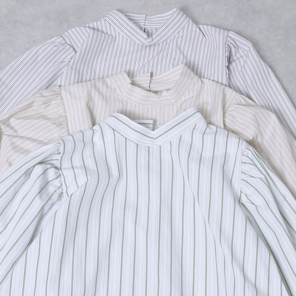 日本 Rejoule - 小立領浪漫澎袖上衣-白灰杏 (M(Free size))