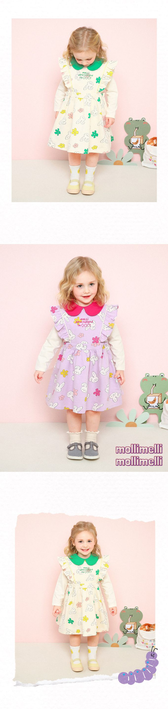 韓國 mollimelli - (不含上衣)彎耳兔波浪邊裝飾背心洋裝-桃紅X淡紫