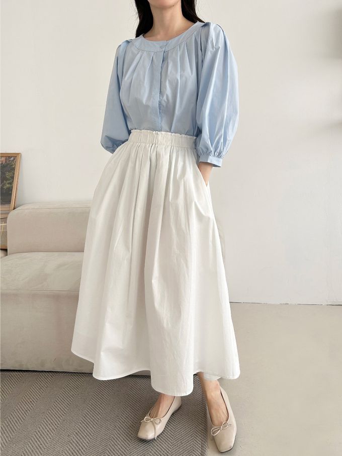 韓國女裝連線 - 氣質抓褶圓領七分袖襯衫-白 (FREE)