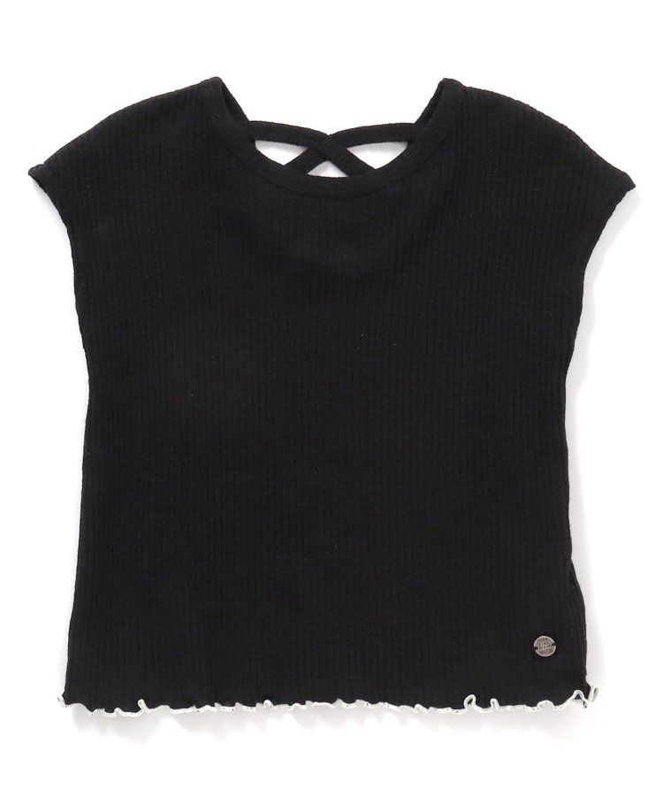 日本 BREEZE - 背交叉下擺捲邊羅紋短袖上衣-紅綠條紋