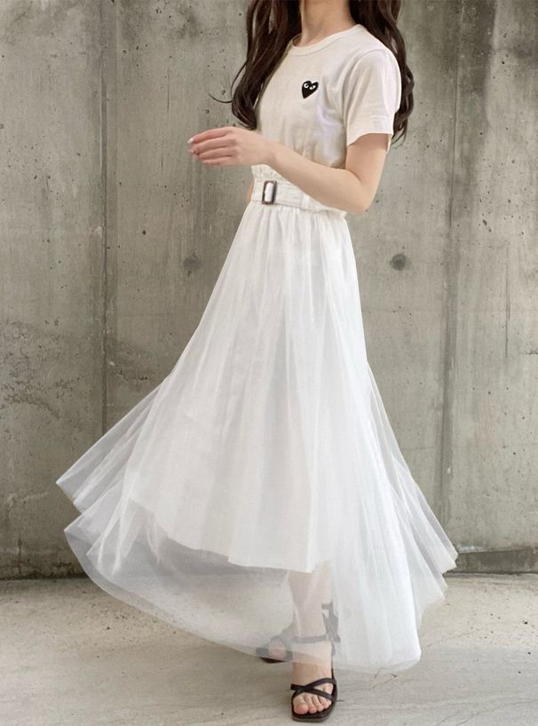 日本 GRL - 甜美夢境修身雙層紗裙(附腰帶)-質感杏