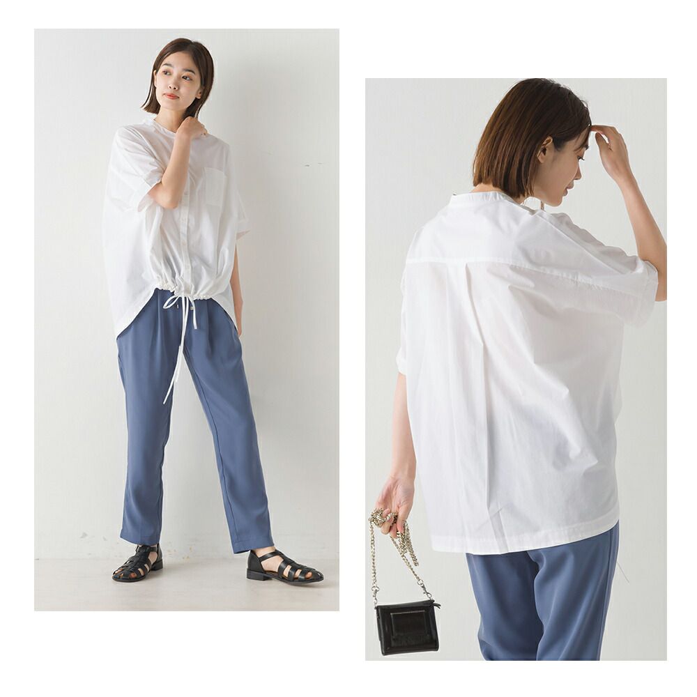 日本 OMNES - 下擺抽繩落肩短袖襯衫-簡約白