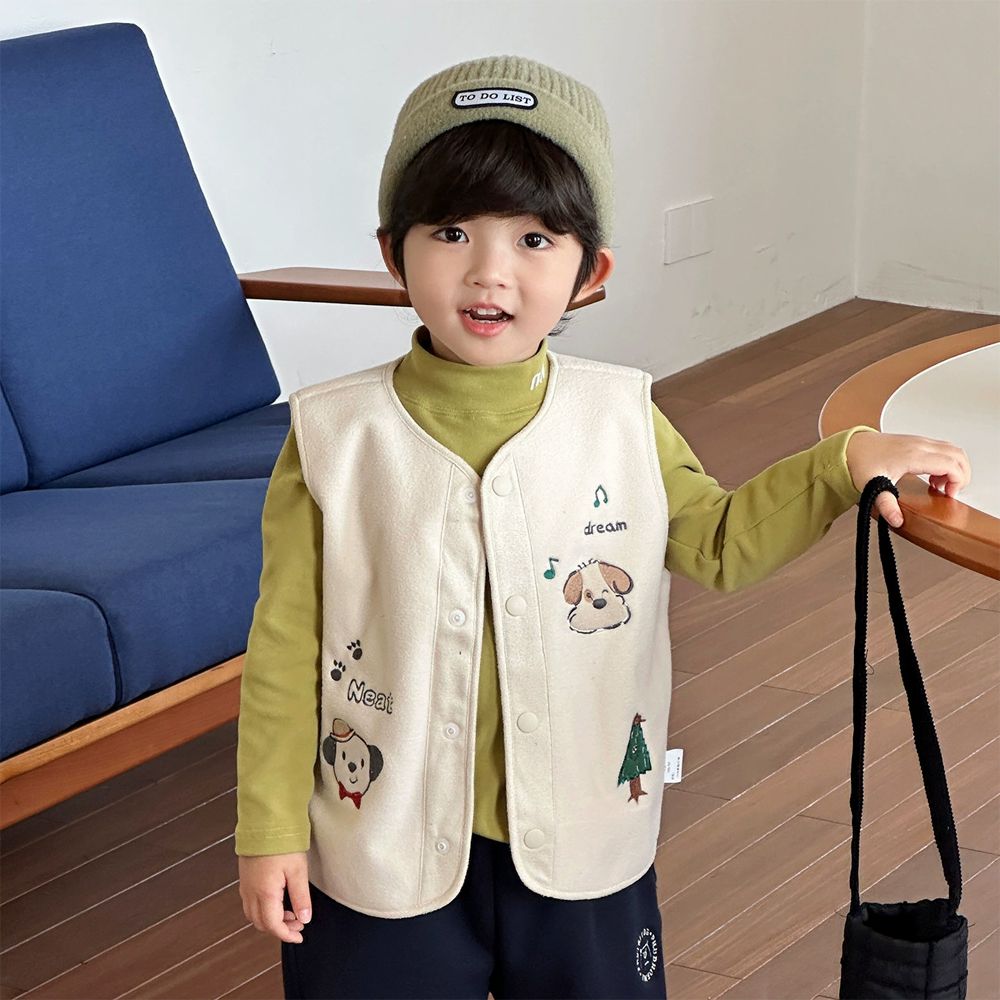 保暖搖粒絨背心-狗狗刺繡-米色