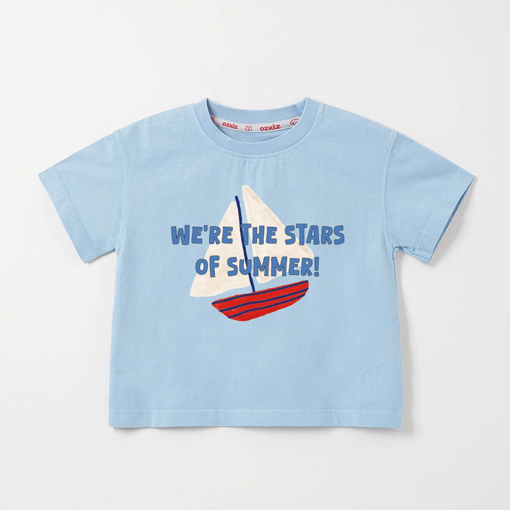 100%澳洲棉純粹呼吸短袖上衣-塗鴉帆船-天藍