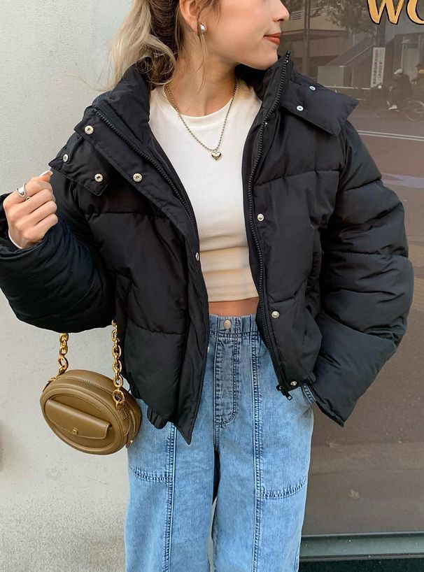 日本 GRL - 短版寬鬆羽絨連帽外套-黑 (F)